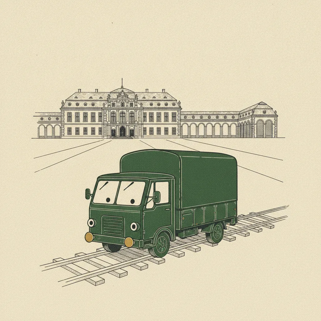 Illustration im Adler-&-Ludwigsbahn-Stil: Umzugstransporter erreicht Erlangen – Umzug von Nürnberg nach Erlangen
