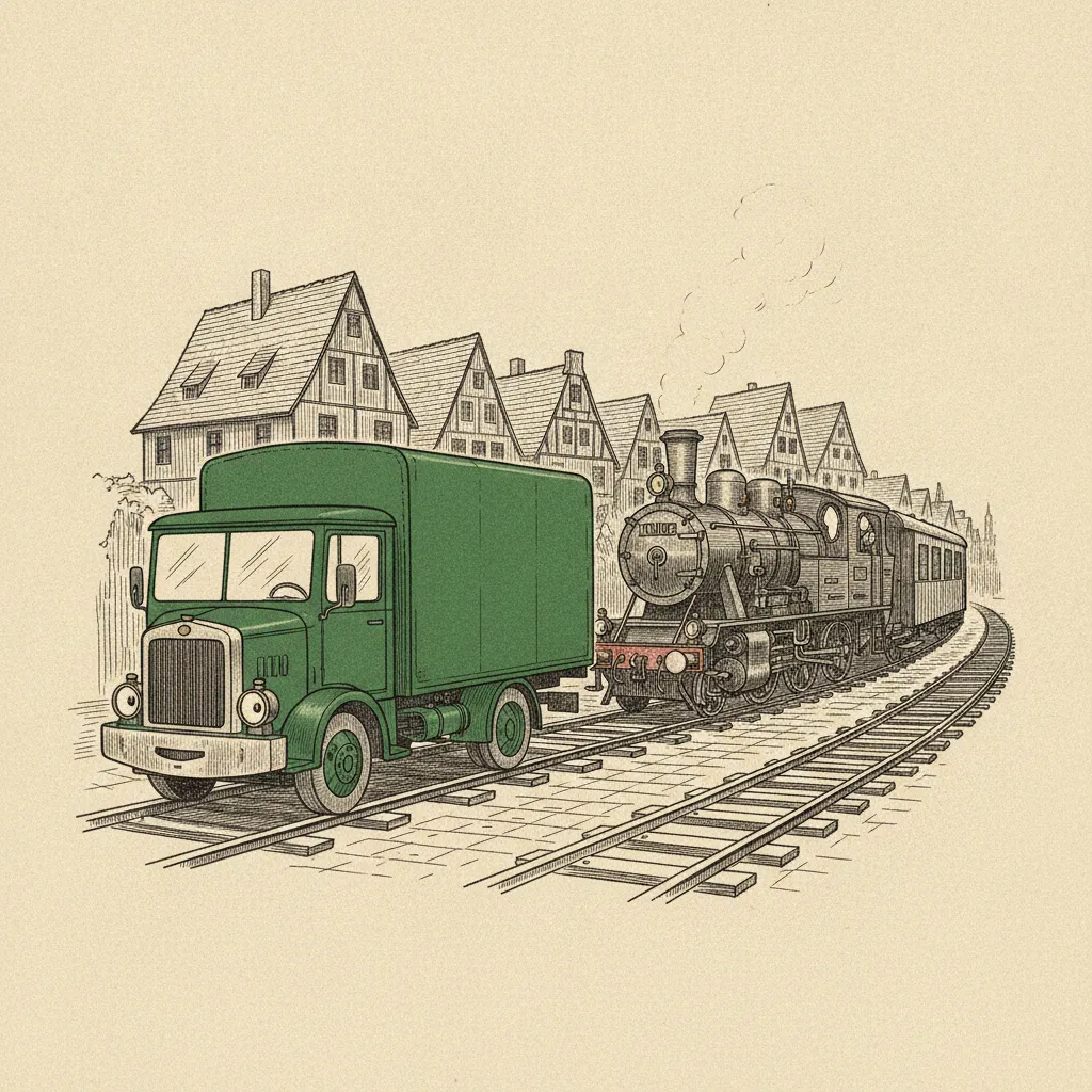Illustration im Adler-&-Ludwigsbahn-Stil: Umzugstransporter erreicht Fürth – Umzug von Nürnberg nach Fürth