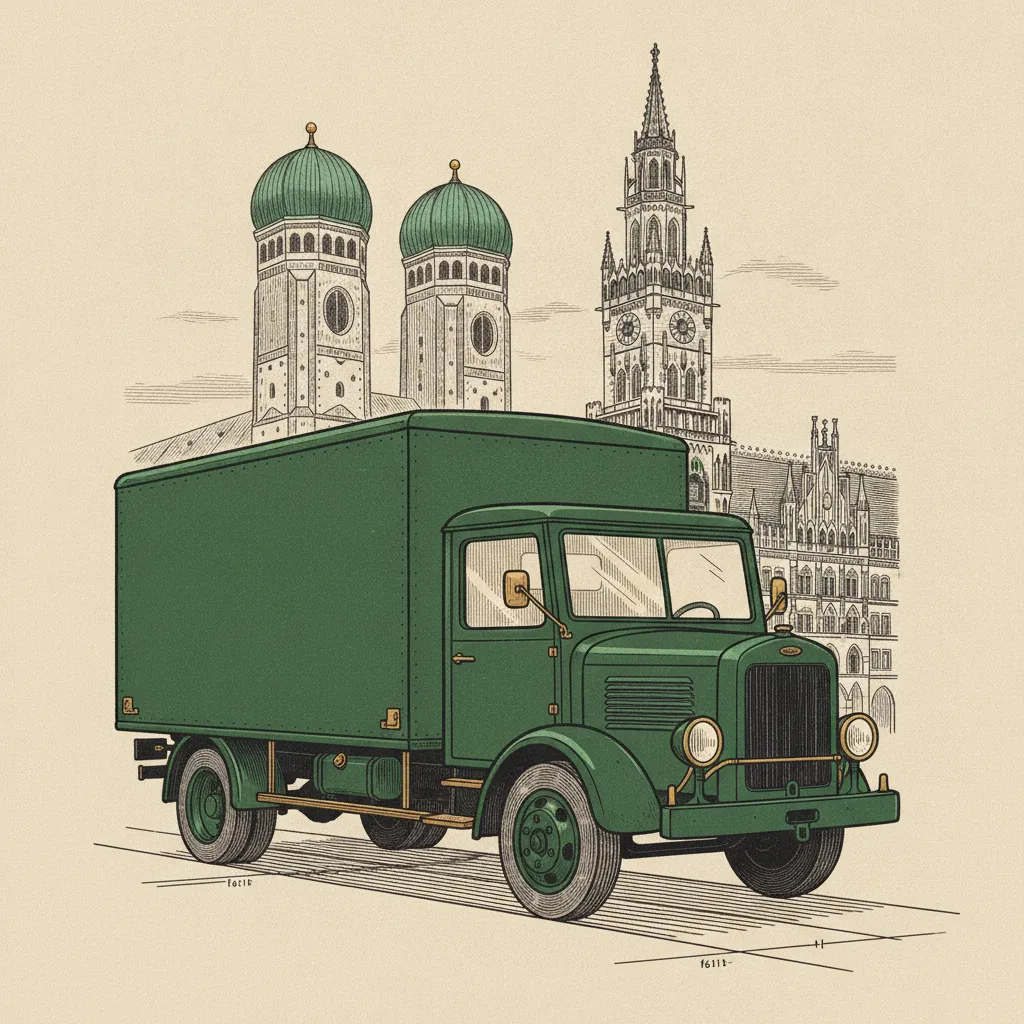 Illustration im Adler-&-Ludwigsbahn-Stil: Umzugstransporter erreicht München – Umzug von Nürnberg nach München