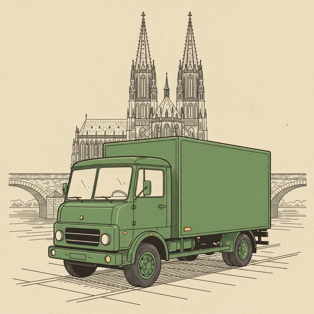 Illustration im Adler-&-Ludwigsbahn-Stil: Umzugstransporter erreicht Regensburg – Umzug von Nürnberg nach Regensburg